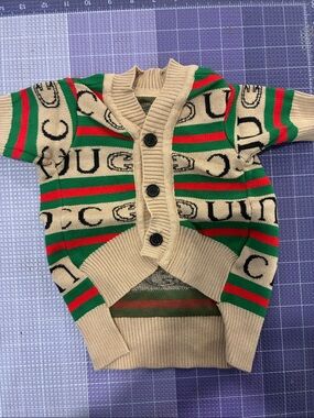 Pet Beige Cardigan sweater with Green and Red Stripes